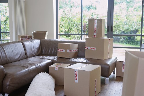 Packed boxes and furniture prepared for transport in Bermondsey