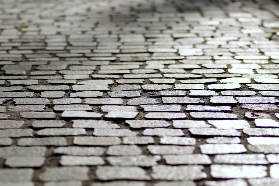 Close-up view of a cobbled street surface featuring irregularly shaped, flat stone pavers with varying shades of grey and beige, set closely together with visible gaps filled with mortar or dirt, illu